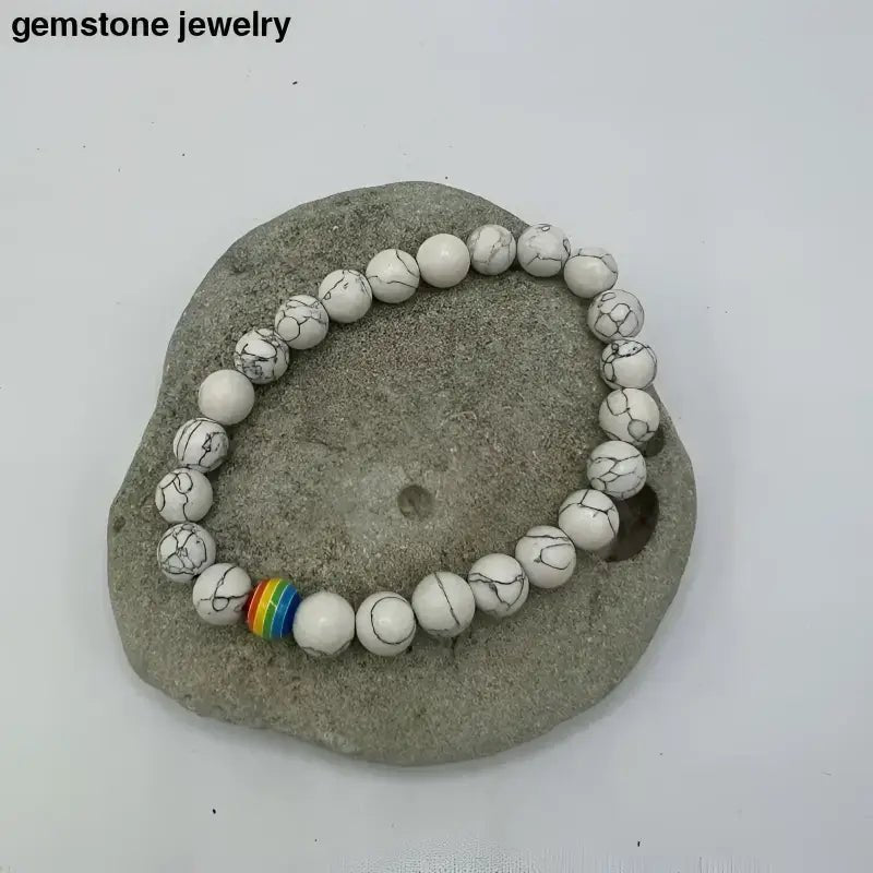White Howlite Gemstone Stretch Bracelet with Rainbow Bead - Bec Sue Jewelry Shop