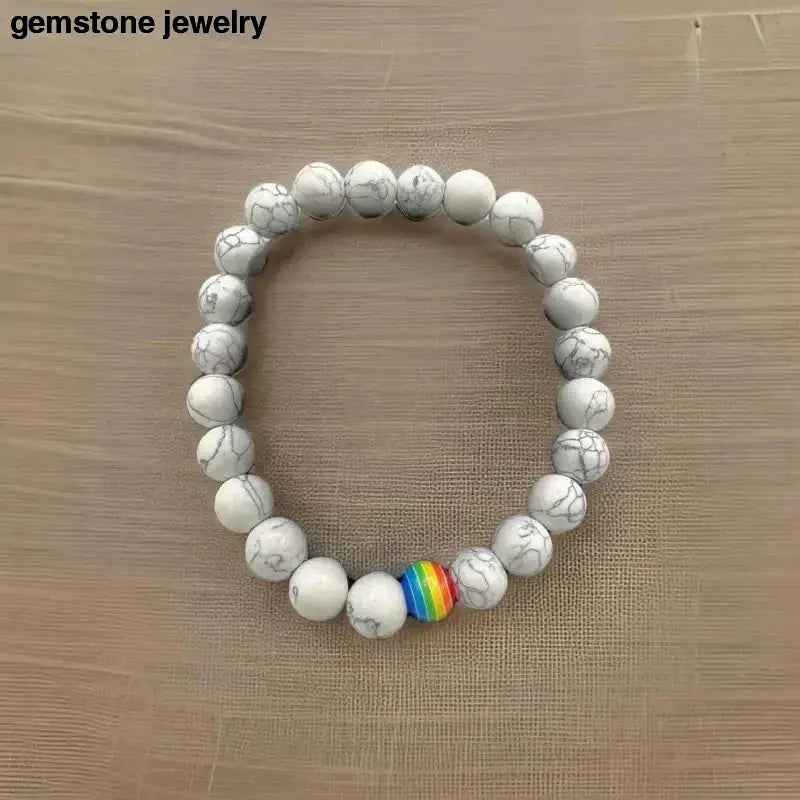White Howlite Gemstone Stretch Bracelet with Rainbow Bead - Bec Sue Jewelry Shop