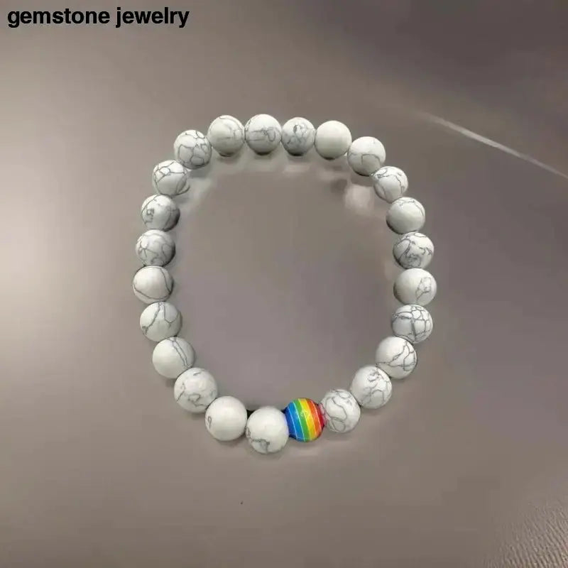 White Howlite Gemstone Stretch Bracelet with Rainbow Bead - Bec Sue Jewelry Shop
