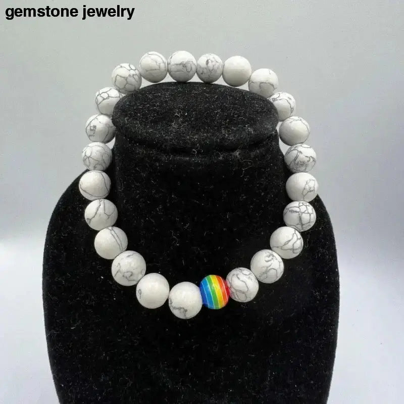 White Howlite Gemstone Stretch Bracelet with Rainbow Bead - Bec Sue Jewelry Shop