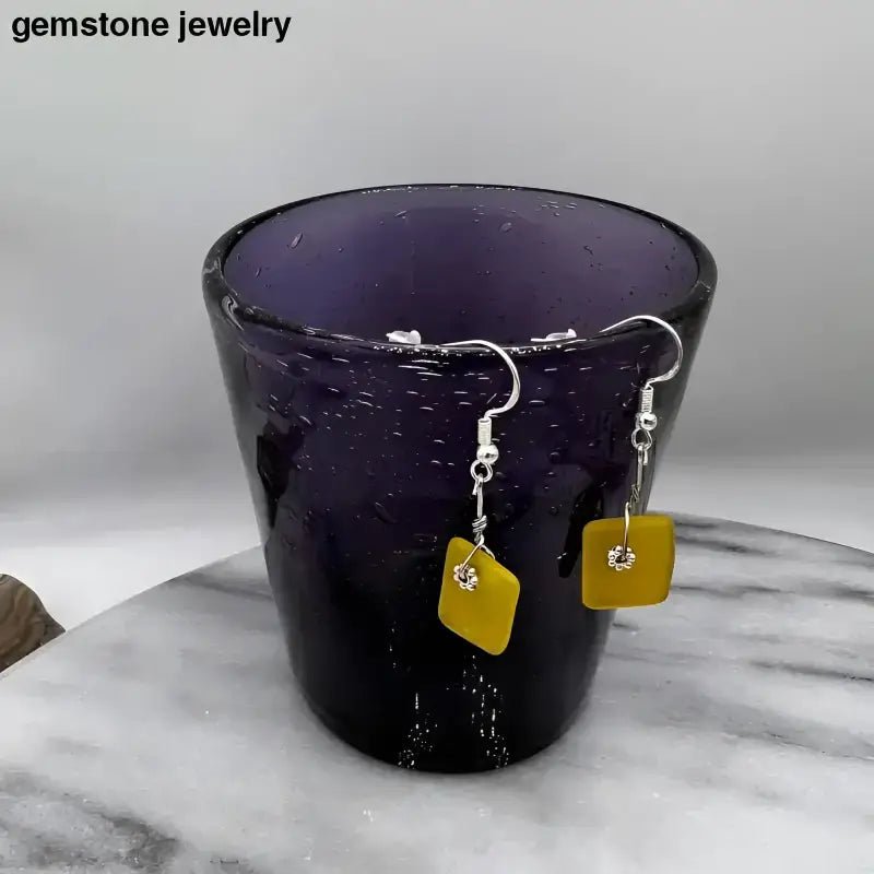 Yellow Dangling Glass Earrings with Elegant Gemstone Accent - Bec Sue Jewelry Shop